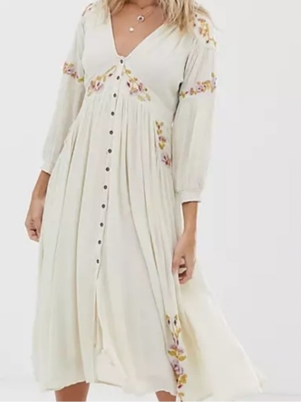 Free People Day Glow Embroidered Button Front Midi Dress Ivory - Picture 8 of 8